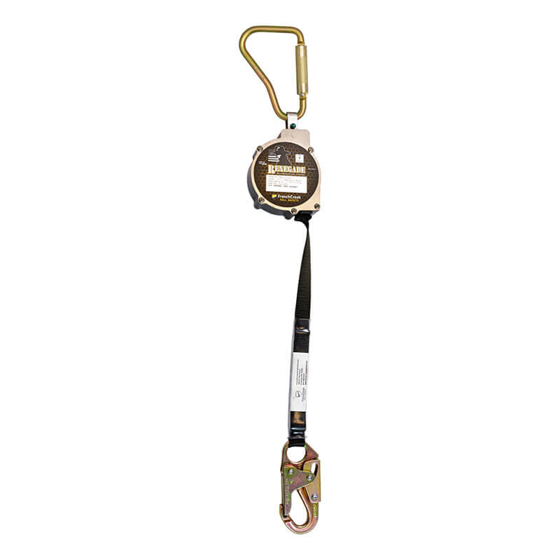 The French Creek Renegade 13 Ft Self-Retracting Lifeline by French Creek Production features a metal carabiner, round "Bear Safe" housing, black retractable strap, and metal snap hook for dependable fall protection at height.