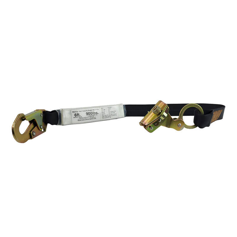 The Frontline Self-Tracking Rope Grab for 5/8" rope with a 3' lanyard by Frontline Fall Protection features golden metal hooks and rings, designed for use with safety harnesses as a vertical lifeline.