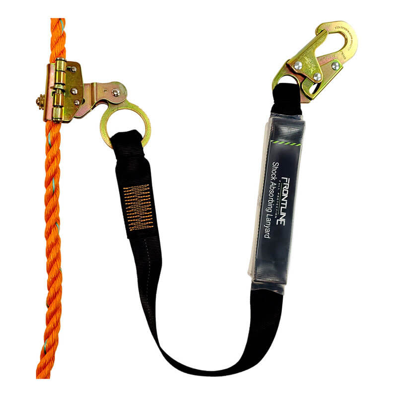 The Frontline Fall Protection Self-Tracking Rope Grab for 5/8" rope features a 3' lanyard with shock absorber and two metal hooks—one attached to an orange vertical lifeline, the other free.