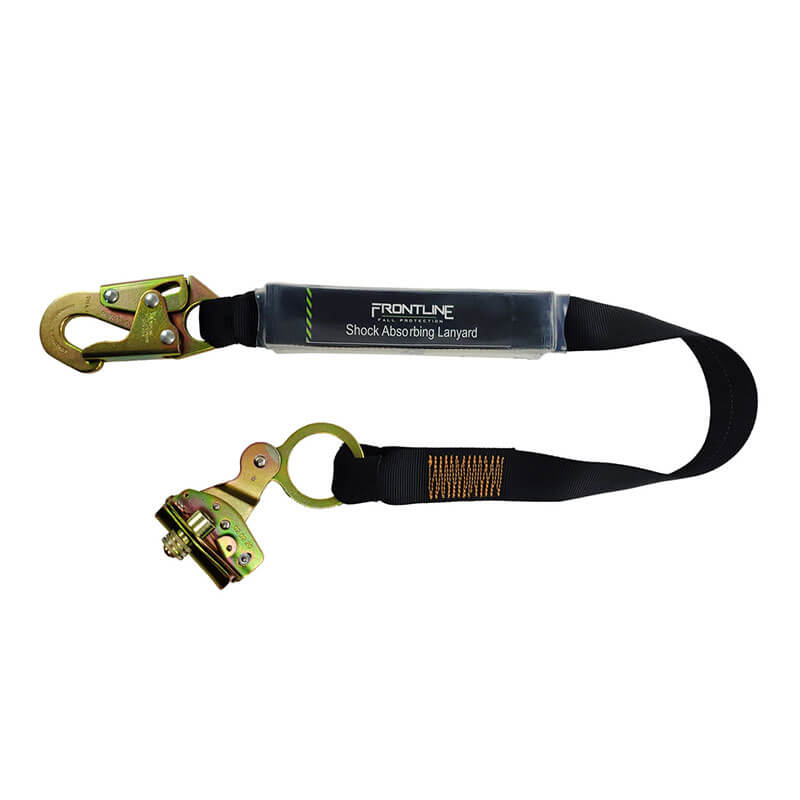 A Frontline Fall Protection Self-Tracking Rope Grab for 5/8" rope with a 3' lanyard. Features durable metal hooks at both ends and is used for fall safety in vertical lifeline systems. The label reads "Frontline Shock Absorbing Lanyard.