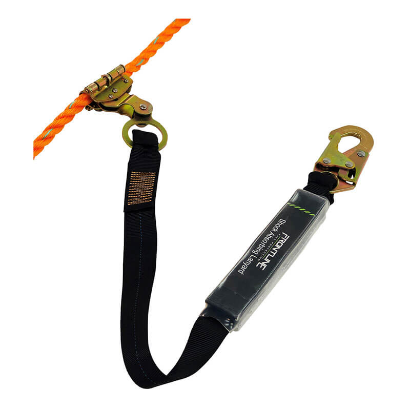 The Frontline Self-Tracking Rope Grab for 5/8" rope with 3' lanyard by Frontline Fall Protection is an orange vertical lifeline system with a metal hook and shock absorber, ideal for securing workers at heights.
