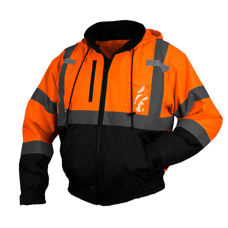 The Pyramex Safety RJ31 Hi-Vis Bomber Jacket features a vibrant orange and black design with gray reflective strips, a hood, front zipper, drawstrings, and a waterproof polyester shell for high visibility and protection in all conditions.