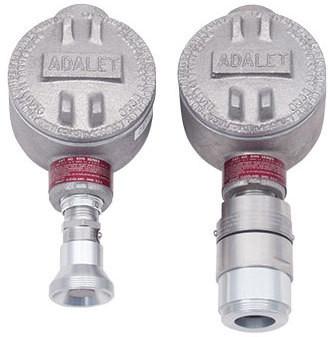 The RKI Instruments product range includes the RKI Direct Connect Gas Sensors (LEL, CH4, HC, CO2), featuring two metallic cylindrical devices with round tops. Each explosion-proof sensor boasts a threaded section and a connector at the bottom. The surfaces have a textured appearance, and the connectors feature different designs, making these sensors perfect for detecting toxic gases.