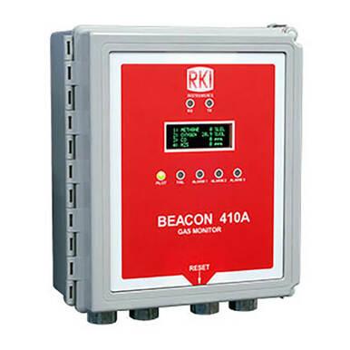 The RKI Instruments Beacon 410A (Model 72-2104A) is a gray rectangular gas monitoring controller with a red and white front panel. It features a small screen, labeled buttons, and a Modbus interface, efficiently serving as a four-channel wall mount unit.