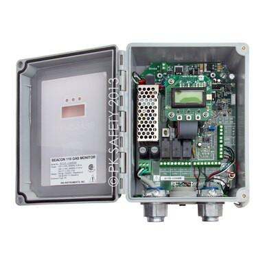 The image displays an open RKI Beacon 110 Single Channel Wall Mount Fixed Systems Controller from PK Safety Supply, revealing its internal components such as circuit boards, a small screen, and various wiring, all encased in a gray housing. This advanced gas detection device is engineered to function as a dependable wall-mounted controller.