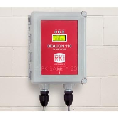 A PK Safety Supply RKI Beacon 110 Single Channel Wall Mount Fixed Systems Controller, in gray and red, is mounted on a white brick wall. This gas monitor is equipped with a digital display that clearly indicates gas levels. At the bottom, two black connectors are neatly integrated into the wall mount controller for seamless operation.