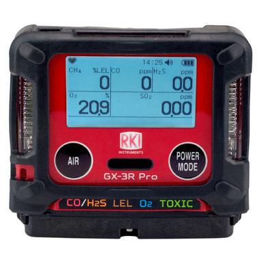 The black and red RKI GX-3R Pro 5 Gas Confined Space Monitor from PK Safety Supply is equipped with a digital screen for personal monitoring of various gas levels. It includes buttons for "Air" and "Power/Mode," along with indicators for CO, H2S, LEL, O2, and toxicity levels to ensure effective wireless communication.