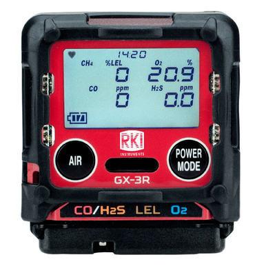 The RKI GX-3R 4 Gas Confined Space Kit, by RKI, is a digital gas monitor perfect for confined spaces. It displays levels of CH4, O2, CO, and H2S with readings of CH4 at 0 LEL, O2 at 20.9%, CO at 0 ppm, and H2S at 0.0 ppm on the screen. The device features a black and red casing with "Air" and "Power Mode" buttons, making it ideal for robust applications.