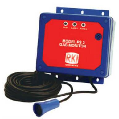 The RKI PS-2 for LEL detection by RKI Instruments is a combustible gas monitor with a red front panel, three indicator lights, and a coiled black cable featuring a blue sensor.