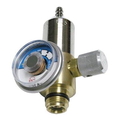 Close-up of an RKI Instruments Regulator with Gauge, featuring a brass valve connected to a gauge via a threaded connection. The gauge, protected by a transparent cover, displays pressure levels. This metallic regulator from RKI Instruments includes a ribbed adjustment knob on the side.