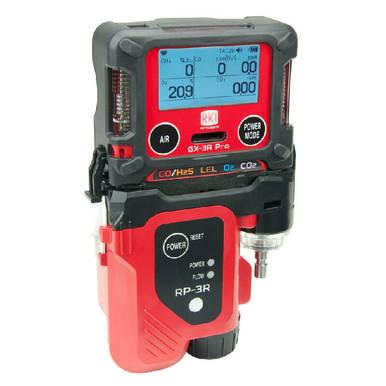 The RKI GX-3R Pro is a portable gas detector, finished in red and black, that includes a display screen for tracking gases such as CO, H2S, LEL, O2, and CO2. Perfect for confined space entry, the device includes a digital interface along with buttons. It can be optionally enhanced with the RKI RP-3R Sample Drawing Pump to improve functionality.