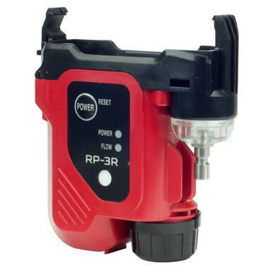 The RKI Instruments RP-3R Sample Drawing Pump for GX-3R is a compact red and black electronic device with power/reset buttons, indicator lights, and a clear connector, designed for confined space entry.