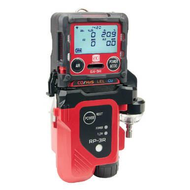 The RKI Instruments RP-3R Sample Drawing Pump for GX-3R is a portable gas detector with digital display, buttons, indicator lights, and a sample pump—ideal for confined space gas monitoring in industrial settings.
