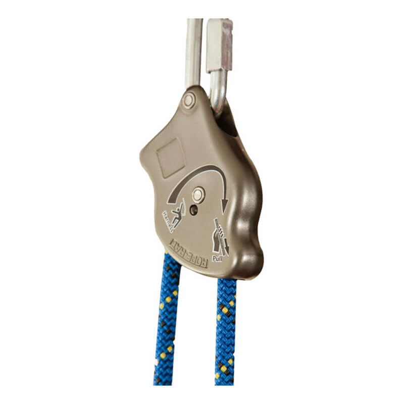 The Frontline Fall Protection Frontline Rescue 18' Ladder Kit with Pulley System RLA18B includes a belay device, two blue ropes, and a carabiner—featuring directional arrows and instructions for safe use in pulley systems.