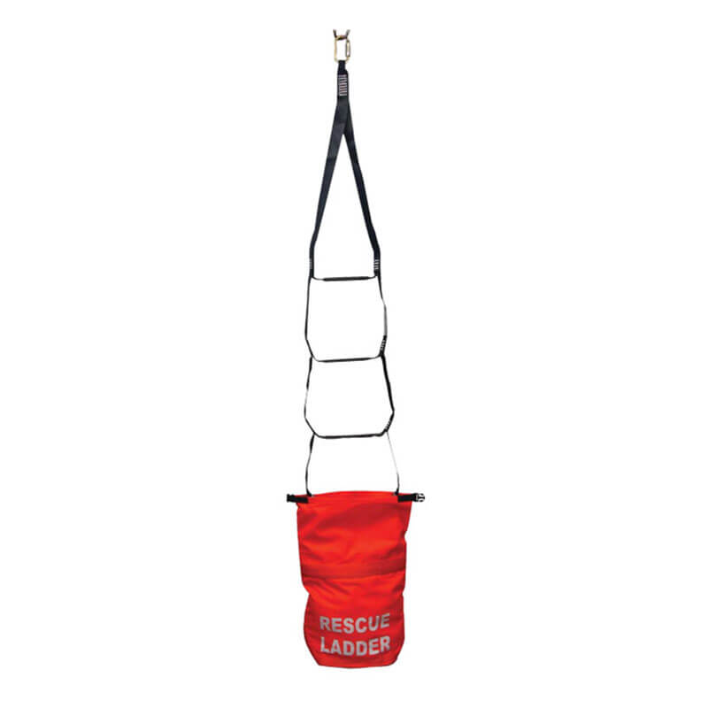 The Frontline Rescue 18' Ladder Kit RLA18 by Frontline Fall Protection features black rungs and straps, a metal top clip, and hangs above a red "RESCUE LADDER" storage bag. It is compact and OSHA compliant.