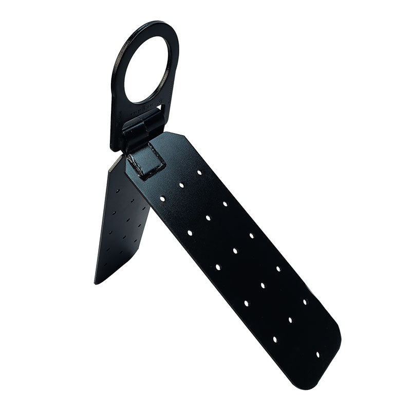 The Frontline Hinged Reusable Roof Anchor RO01 by Frontline Fall Protection is a black high-strength steel tool with a hinge, circular handle, and folding perforated panels, used as a reusable roof anchor for support or mounting.