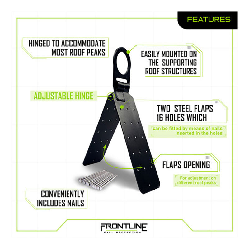 A diagram of the Frontline Fall Protection Hinged Reusable Roof Anchor RO01 with labeled features: adjustable hinge, two steel flaps (16 holes), easy mounting on structures, opening flaps, and included nails.