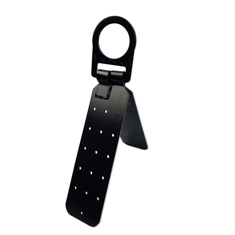 The Frontline Hinged Reusable Roof Anchor RO01 by Frontline Fall Protection is a high-strength steel, black, perforated metal hinge with a large circular loop at the top, angled open and standing upright on a white background.