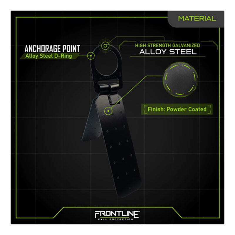 A graphic shows a black powder-coated Frontline Hinged Reusable Roof Anchor RO01 made from high-strength galvanized alloy steel, with labeling for its durable construction and Frontline Fall Protection branding at the bottom.