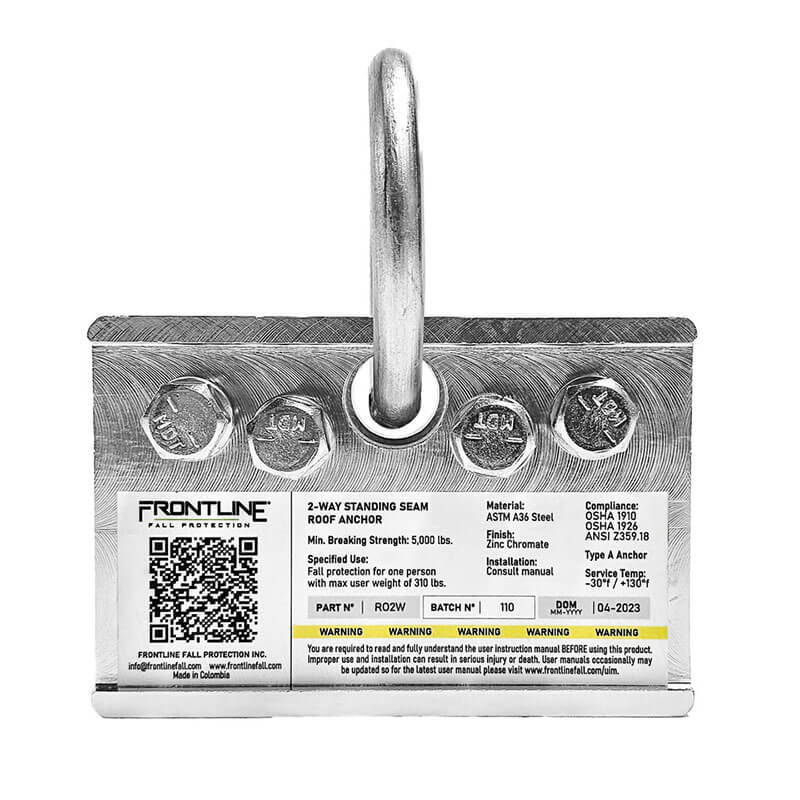 The Frontline Fall Protection 2-Way Standing Seam Roof Anchor RO2W is a metal anchor with a large loop, four bolts, and a label displaying specs, warnings, a QR code, and the Frontline Fall Protection logo.