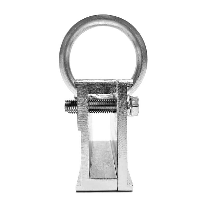 Close-up front view of the Frontline 2-Way Standing Seam Roof Anchor RO2W by Frontline Fall Protection, with a large circular ring, non-penetrating design, and horizontal bolt and nut, ideal for use on standing seam roofs, isolated on white.