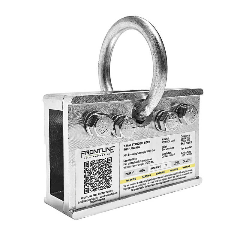 The Frontline Fall Protection Frontline 2-Way Standing Seam Roof Anchor RO2W is a non-penetrating rectangular anchor with four bolts, a large circular top ring, and side labels with QR codes and safety info for easy standing seam roof installation.