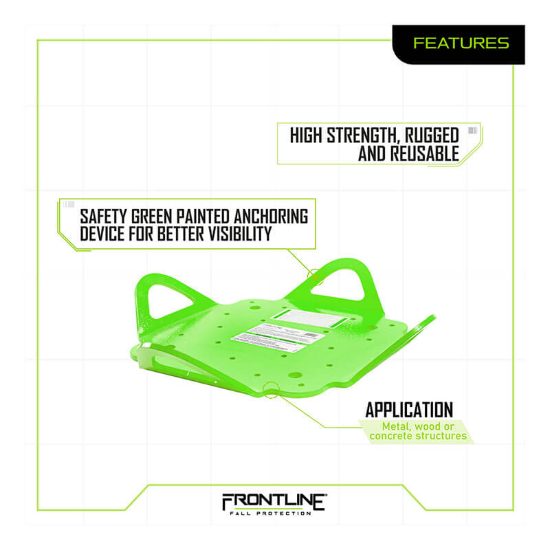 The Frontline Fall Protection Multifunction 4-Way Anchor Plate RO4W is a high-strength, reusable anchor in safety green with handles, ideal for lifelines on metal, wood, or concrete. Shown on a white background for visibility.