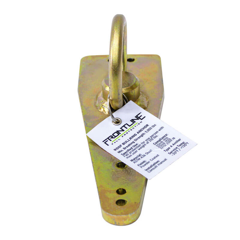 The Frontline Bull Ring Reusable Roof Anchor ROB01 by Frontline Fall Protection is a gold-colored zinc-plated steel anchor with a top D-ring, product info tag, and three base holes for mounting in fall arrest systems.