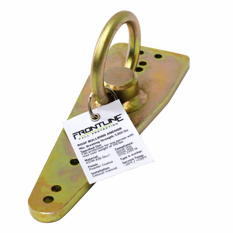 The Frontline Bull Ring Reusable Roof Anchor ROB01 by Frontline Fall Protection is a yellow zinc-plated steel anchor with D-ring and label, offering multiple mounting holes for secure fall arrest and safety harness attachment.