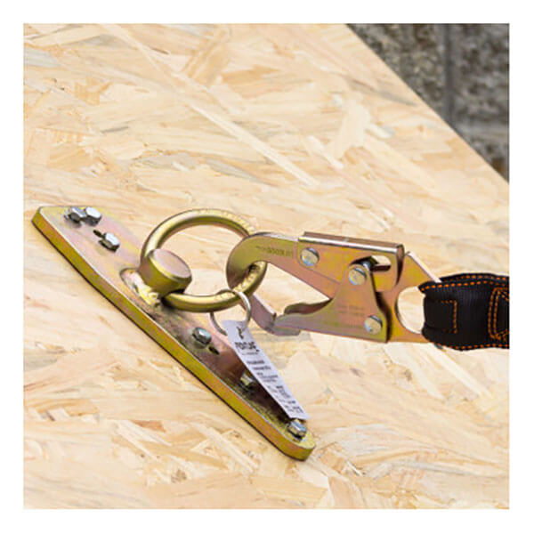 The Frontline Bull Ring Reusable Roof Anchor ROB01 by Frontline Fall Protection is a zinc plated steel anchor with ring and latch, securely installs on wood for fall arrest and safe harness connections in construction or roofing.