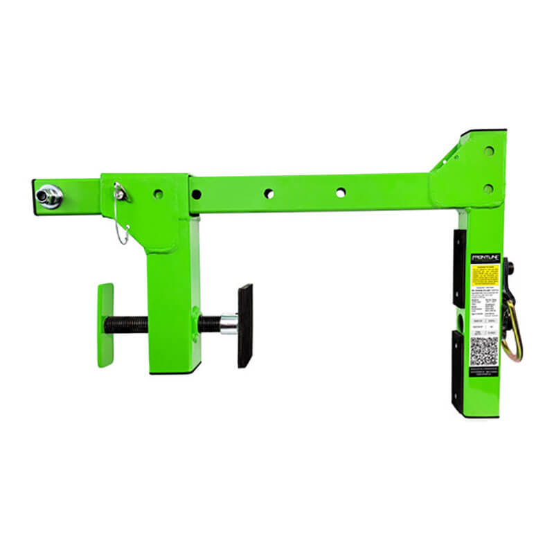 The Frontline Parapet Adjustable Non-Penetrating Roof Anchor by Frontline Fall Protection is a green metal bracket with adjustable height and a large screw handle, providing a safe anchorage point for supporting or leveling trailers or vehicles.