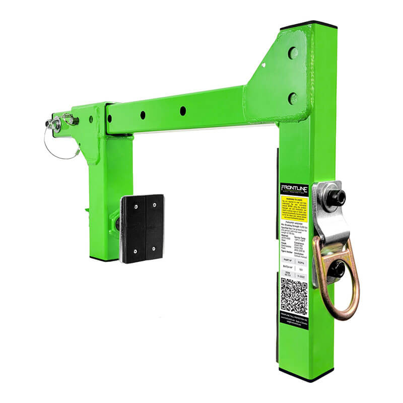 The Frontline Parapet Adjustable Non-Penetrating Roof Anchor by Frontline Fall Protection features a green steel clamp with black base, safety labels, D-ring, adjustable holes, and metal pin for secure fall protection or lifting on construction beams.