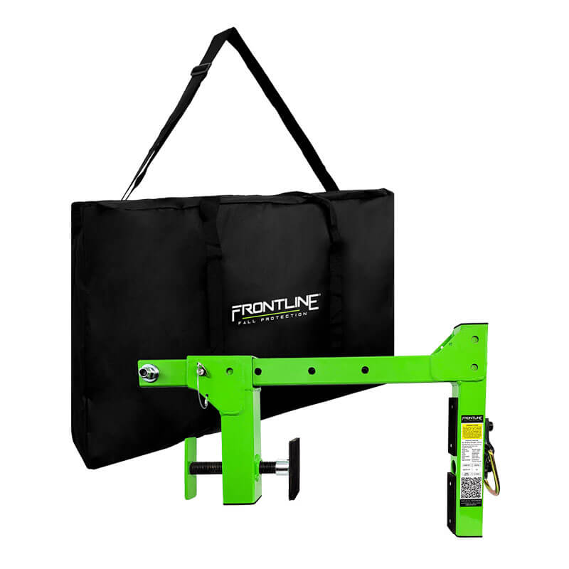 The Frontline Parapet Adjustable Non-Penetrating Roof Anchor in bright green is shown with a large black "Frontline Fall Protection" carrying bag, offering a safe anchorage point for your team.