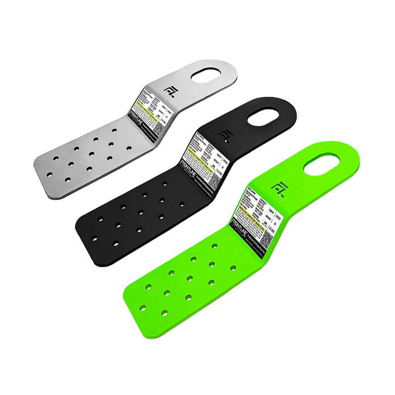 The Frontline Residential PitchFast Roof Anchor RORS01 by Frontline Fall Protection comes in silver, black, and green L-shaped brackets with rounded ends, labeled for easy ID. Designed for fall protection on residential roofs with an oval and multiple round holes.