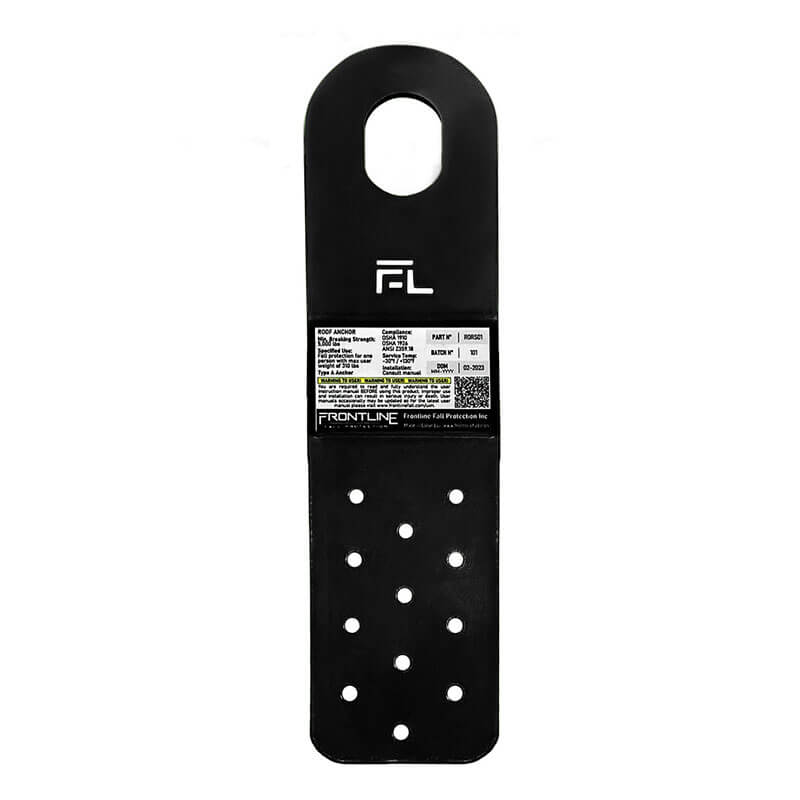 The Frontline Fall Protection Residential PitchFast Roof Anchor RORS01 is a black metal anchor plate with a rounded top, central and multiple small holes, and a specs label with QR code—engineered for residential roof fall protection.