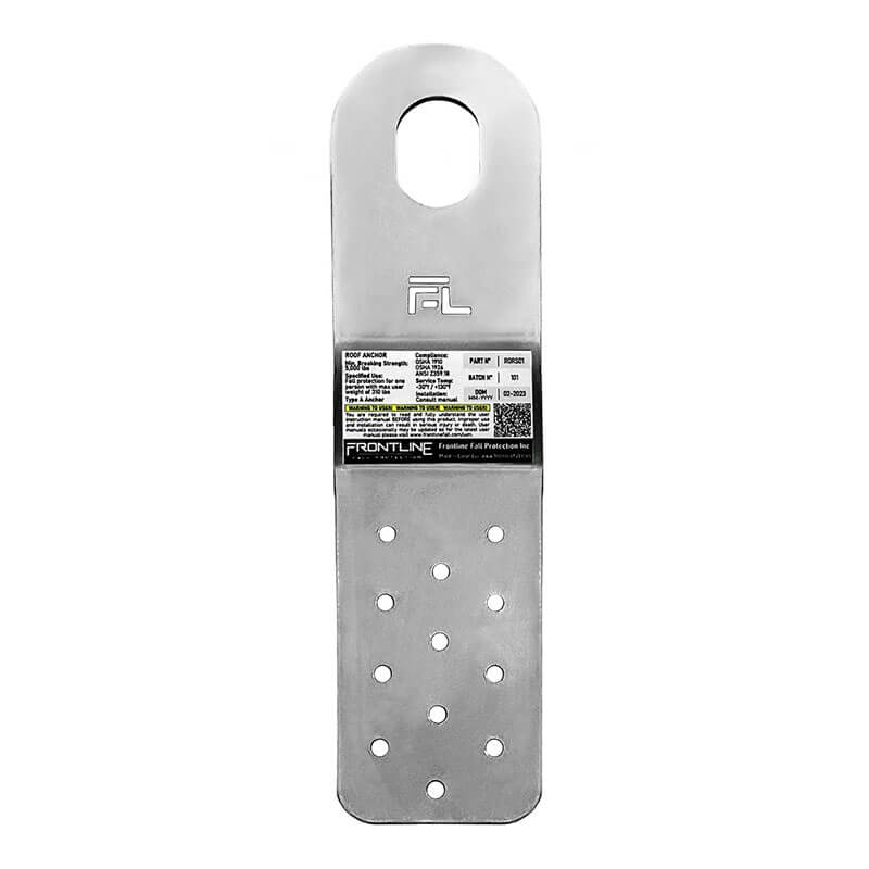 The Frontline Fall Protection Residential PitchFast Roof Anchor RORS01 is a galvanized rectangular metallic plate with a rounded top, large upper hole, multiple lower holes, and a central label for secure residential roof fall protection.