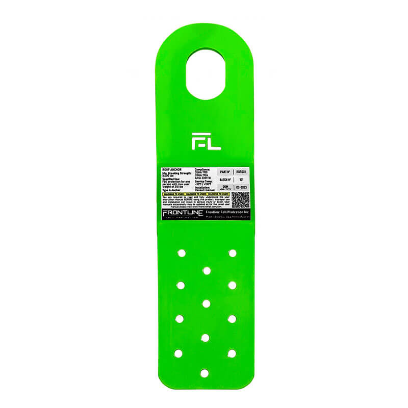 The Frontline Fall Protection PitchFast Roof Anchor RORS01 is a Hi-Vis Green plastic lockout tag with a rounded top, oval hanging cut-out, white logo, center label with text/barcode, and multiple holes—perfect for residential roof fall protection.