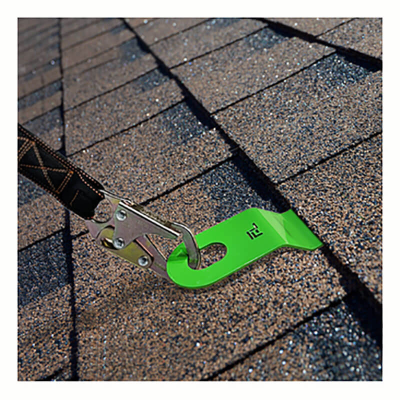 The Frontline Fall Protection Residential PitchFast Roof Anchor RORS01 attaches to shingle roofs, allowing a safety lanyard clip to secure workers for fall protection during roofing jobs.
