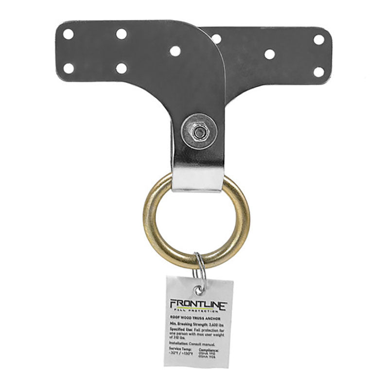 The Frontline Fall Protection Roof Wood Truss Anchor ROWT18 is a stainless steel safety anchor with multiple mounting holes, a central bolt, gold D-ring, and "FRONTLINE" tag—ideal for fall protection on roof wood trusses.