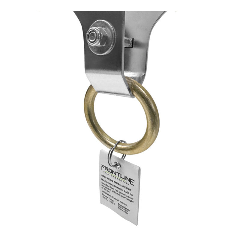 The Frontline Roof Wood Truss Anchor ROWT18 by Frontline Fall Protection features a gold ring on a stainless steel bracket and a rectangular "FRONTLINE" tag with product info and safety details for fall protection.