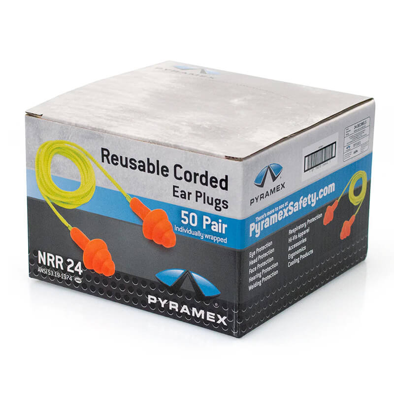 A box of Pyramex RP3001 Series Reusable Corded Earplugs contains 50 individually wrapped pairs with an NRR of 24dB. The packaging is primarily black and gray, showcasing images of the orange earplugs with yellow cords, highlighting their flexible rubber flanges. For more information, visit the Pyramex Safety website at PyramexSafety.com.