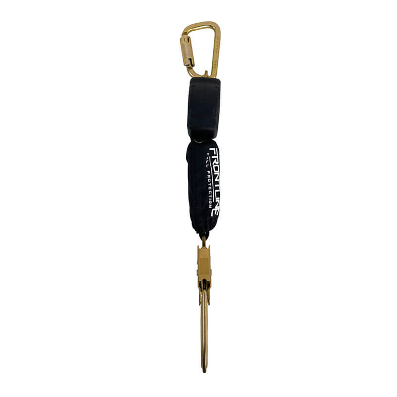 The Frontline Aramid Fiber Web SRL by Frontline Fall Protection features a steel rebar hook end and a durable black Aramid fiber strap for reliable fall protection.