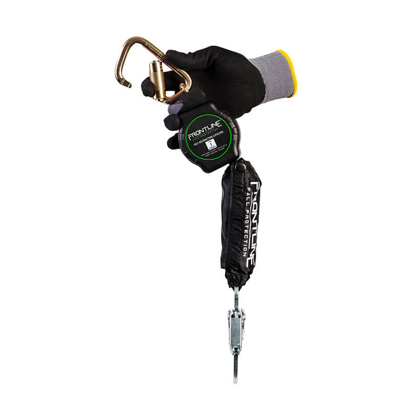 A gloved hand holds a Frontline Fall Protection Aramid Fiber Web SRL with a steel snap hook and black shock-absorbing cover, offering added strength and safety.