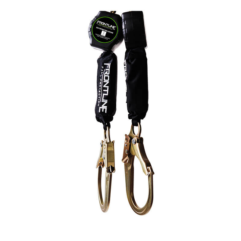 The Frontline Aramid Fiber Web Twin Leg 6' SRL by Frontline Fall Protection is a dual-leg self-retracting lifeline with gold hooks and black covers, featuring lightweight aramid fiber webbing for dependable fall protection in safety harness systems.