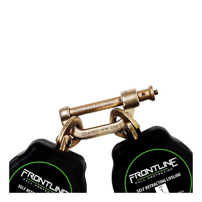 Close-up of a metallic connector joining two black Frontline Aramid Fiber Web Twin Leg 6' SRLs by Frontline Fall Protection, featuring lightweight aramid fiber webbing, set against a white background.