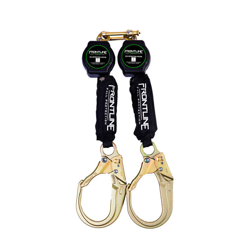 The Frontline Aramid Fiber Web Twin Leg 6' SRL by Frontline Fall Protection features two lightweight aramid fiber web retractable lanyards with gold double-locking hooks and a single top carabiner for secure fall protection.