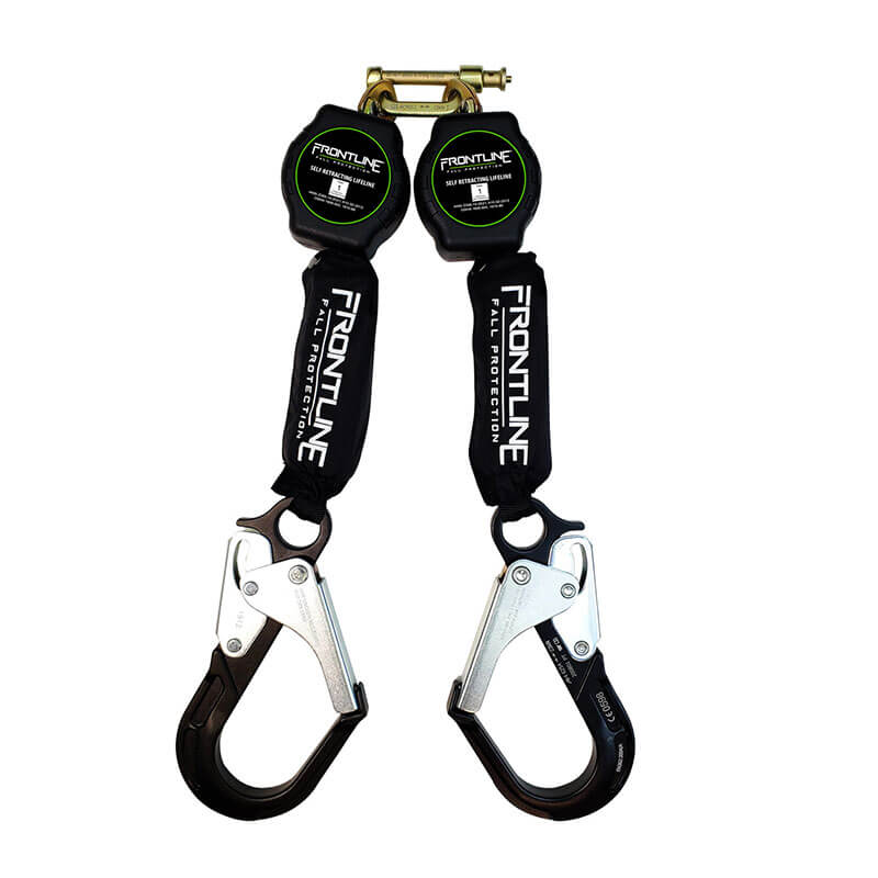 The Frontline Twin Fiber Web 6' SRL features aluminum rebar hook ends, black protective covers, and a gold swiveling top connector from Frontline Fall Protection.