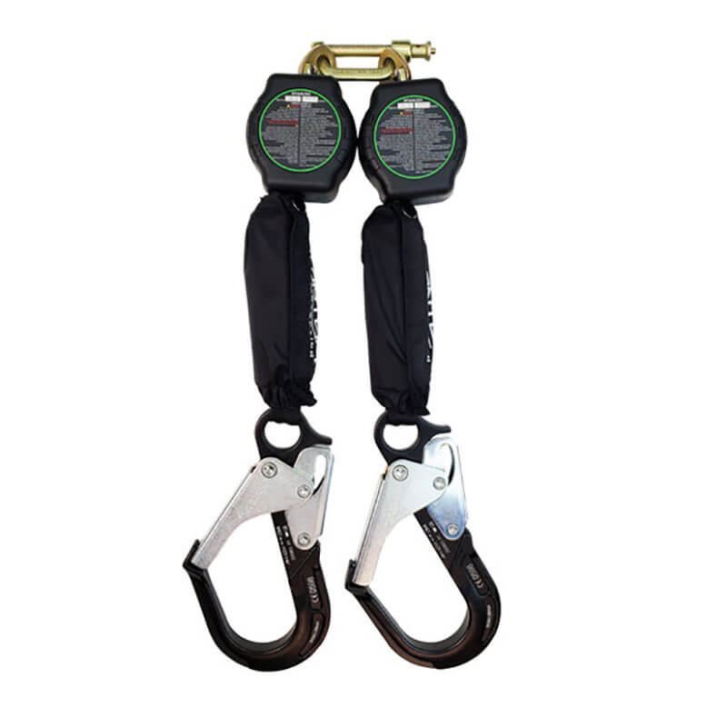 The Frontline Twin Fiber Web 6' SRL by Frontline Fall Protection features two retractable lanyards with black covers, aluminum rebar hook ends, and a gold anchor point—ideal for fall protection in construction or industrial jobs.