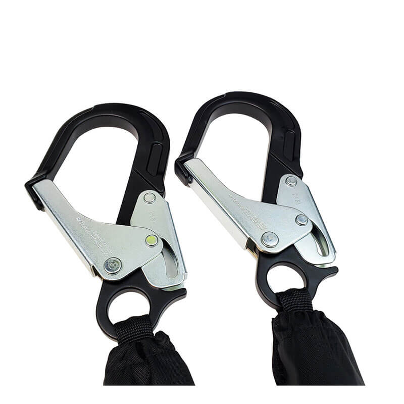 The Frontline Twin Fiber Web 6' SRL with aluminum rebar hook ends by Frontline Fall Protection features large black and silver hooks with locking mechanisms on black straps, designed for fall protection, shown against a white background.