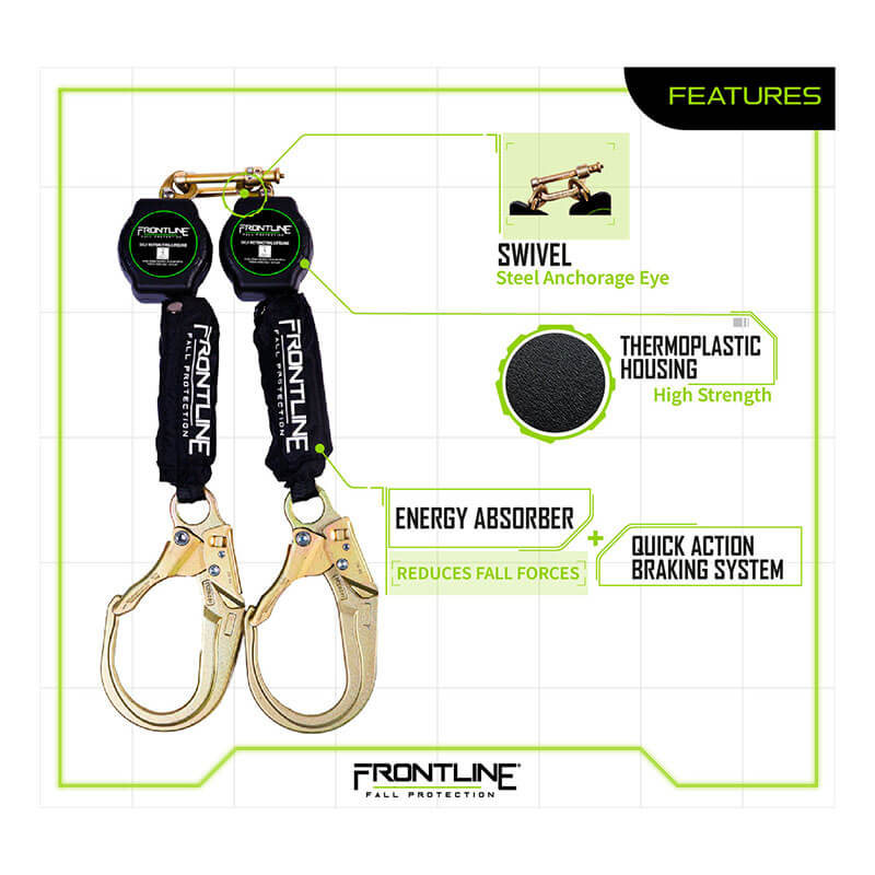 Image of Frontline Fall Protection’s Frontline Aramid Fiber Web Twin Leg 6' SRL, featuring retractable lanyards with large hooks, swivel steel eye, thermoplastic housing, energy absorber, quick braking system, and lightweight webbing.